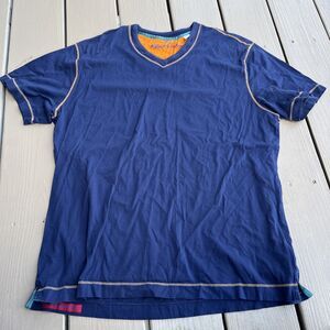 ROBERT GRAHAM Men's Shirt Short Sleeves Blue Supima Cotton V Neck Classic Fit XL